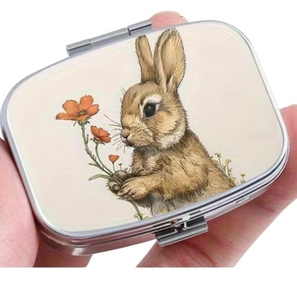 Bunny Pill Box Small Silver Floral‎ Rabbit Jewelry Case New